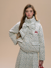 Floral Hooded Down Jacket & Pleated Skirt Set